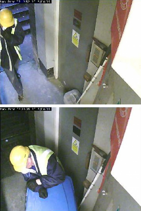 A still from Hatton Garden CCTV showing a man in a hard hat