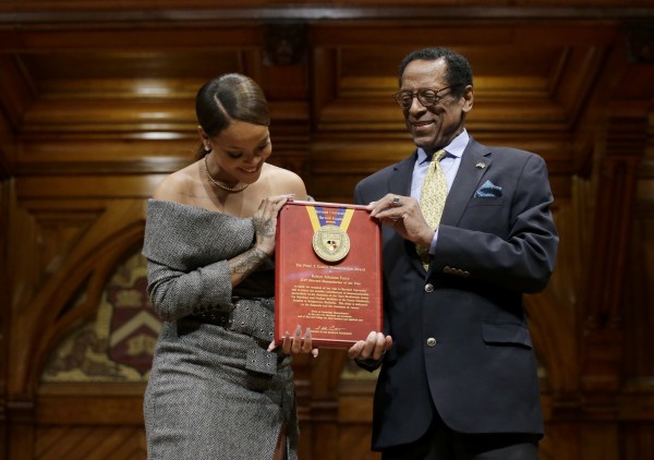 Rihanna with Allen Counter, director of the Harvard Foundation (Steven Senne/AP)