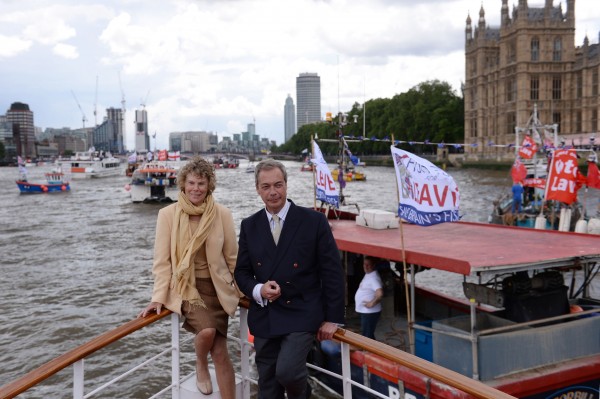 Ukip leader Nigel Farage and Kate Hoey on board a boat taking part in a Fishing for Leave pro-Brexit "flotilla" on the River Thames, London.