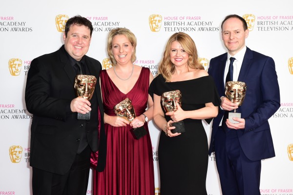 eter Kay, Gill Isles, Sian Gibson and Paul Coleman, winners of the Best Scripted Comedy award for 'Peter Kay's Car Share', in the winners room during the House of Fraser BAFTA TV Awards 2016