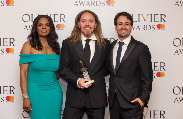 Tim flanked by presenters Audra McDonald and Lin-Manuel Miranda as he receives his award.