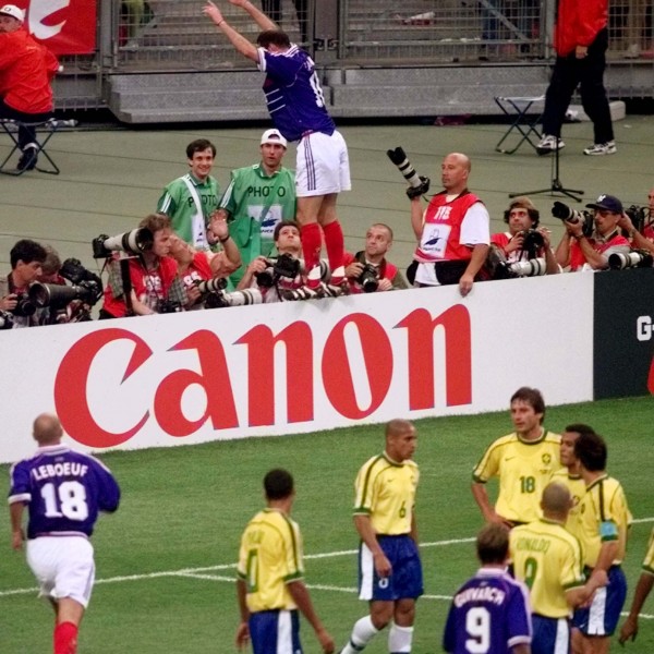 Zinedine Zidane celebrates scoring the in 1998 World Cup final