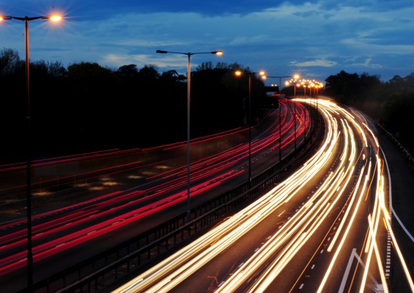 Traffic flows on the M1 motorway near Watford Gap Services, south of junction 17.