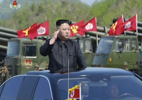 This image made from video of a still image broadcast in a news bulletin by North Korea's KRT on Wednesday, April 26, 2017, shows leader Kim Jong Un at what was said to be a "Combined Fire Demonstration" held to celebrate the 85th anniversary of the North Korean army, in Wonsan, North Korea. Independent journalists were not given access to cover the event depicted in this photo. (KRT via AP Video)