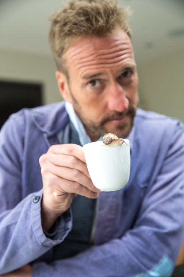 Ben Fogle with a snail (Act Against Lungworm)