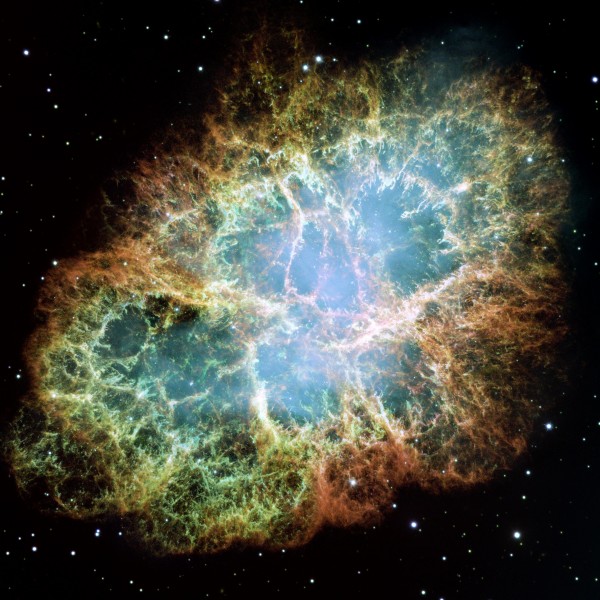 Image of Crab Nebula, assembled from 24 individual exposures, that was taken with the Hubble Space Telescope in 2005.