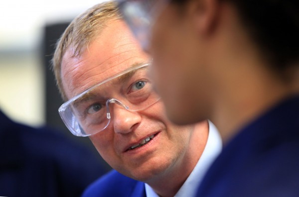 Liberal Democrats leader Tim Farron meets engineering students during a visit to Bath College in Somerset.