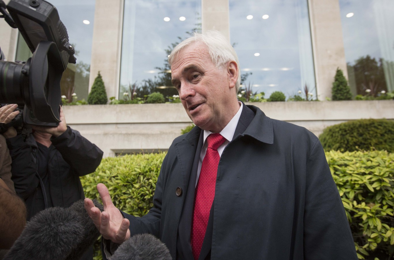 Shadow chancellor John McDonnell outside the Institute of Engineering in London, where a party meeting took place as they deal with the fallout from the sensational leak of its draft General Election manifesto.