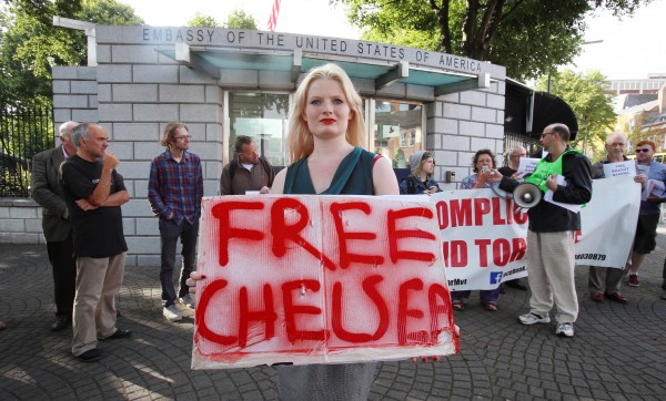Lorna Bouge from Limerick joins anti-war protesters as they mount a Free Bradley Manning demonstration at the US Embassy