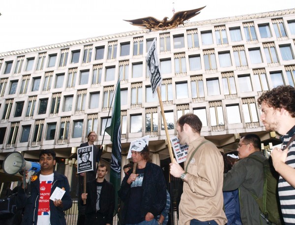 Demonstrators at the US embassy in London