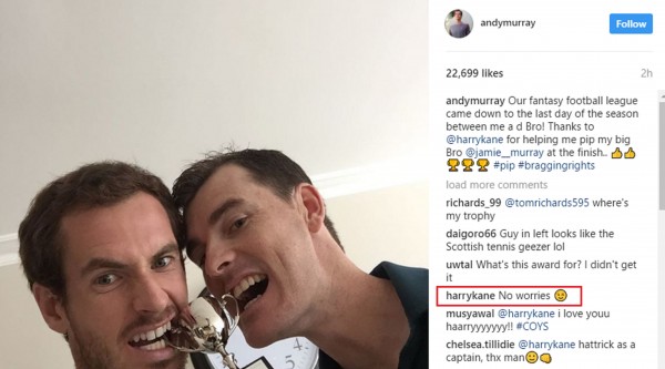 Harry Kane replies to Andy Murray's Instagram post