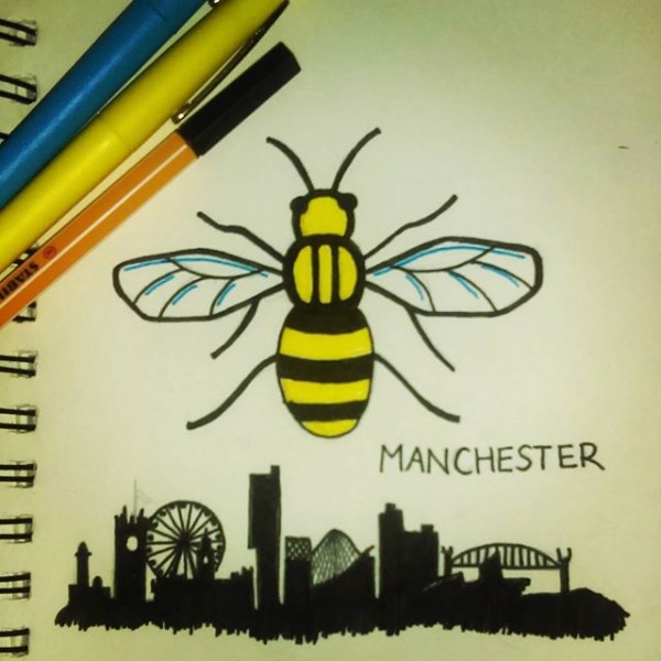 pen drawing of a bee above the manchester skyline (Helen Hadfield/PA)