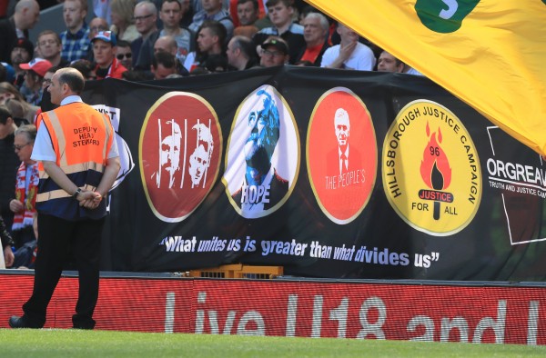 Liverpool fans unveil a banner supporting Jeremy Corbyn