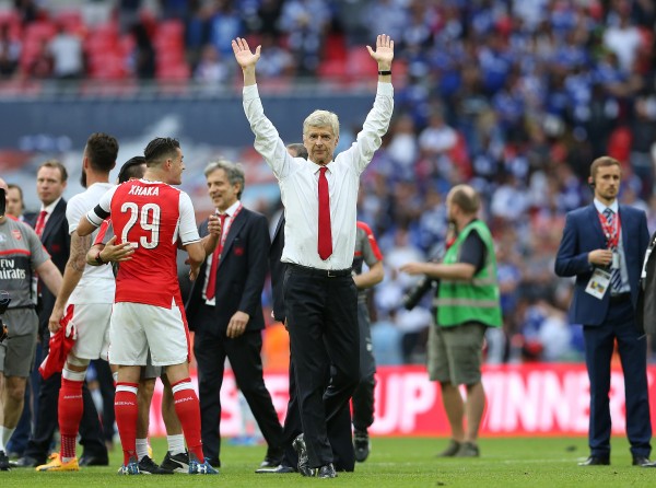 Arsenal's manager Arsene Wenger celebrates winning the FA Cup against Chelsea