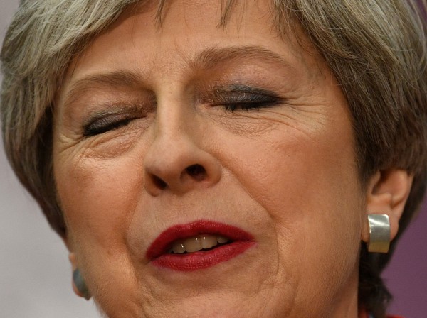 Prime Minister Theresa May reacts at the Magnet Leisure Centre in Maidenhead, after she held her seat in the 2017 General Election.