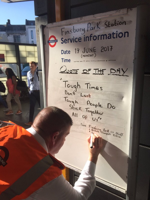 A "quote of the day" sign at Finsbury Park tube